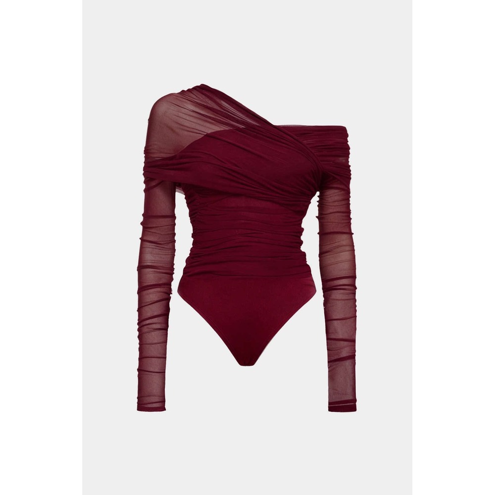 MICAS Burgundy One Shoulder Ruched Mesh Bodysuit MCWTO251150001 XS